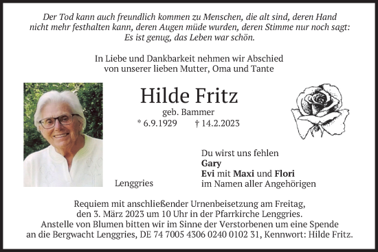 Todesanzeige von Hilde Fritz von merkurtz