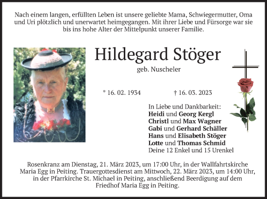 Todesanzeige von Hildegard Stöger von merkurtz