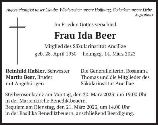 Todesanzeige von Ida Beer von merkurtz