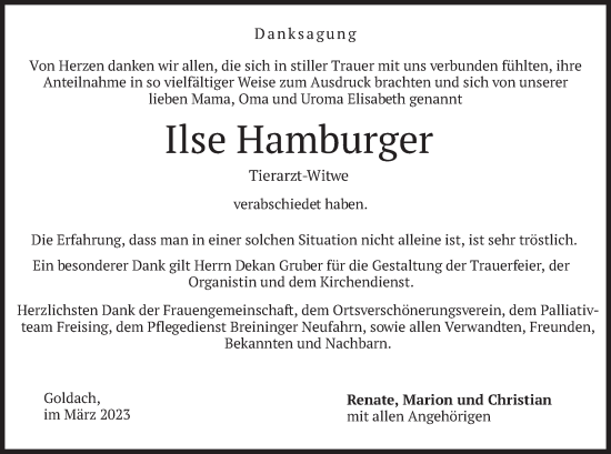 Todesanzeige von Ilse Hamburger von merkurtz