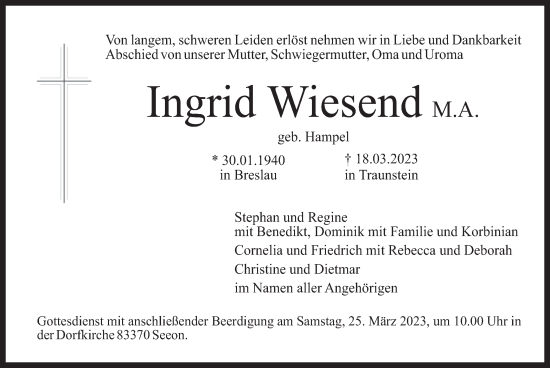 Todesanzeige von Ingrid Wiesend von merkurtz