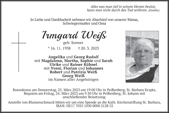 Todesanzeige von Irmgard Weiß von merkurtz