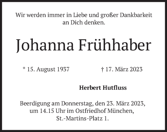 Todesanzeige von Johanna Frühhaber von merkurtz