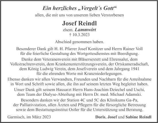 Todesanzeige von Josef Reindl von merkurtz