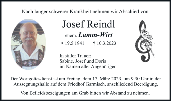 Todesanzeige von Josef Reindl von merkurtz