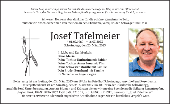 Todesanzeige von Josef Tafelmeier von merkurtz