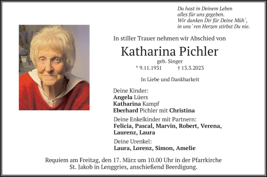 Todesanzeige von Katharina Pichler von merkurtz