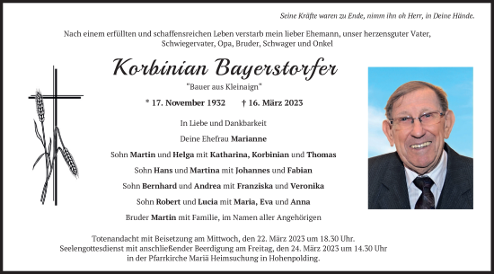 Todesanzeige von Korbinian Bayersdorfer von merkurtz
