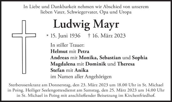 Todesanzeige von Ludwig Mayr von merkurtz