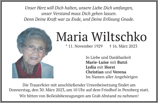 Todesanzeige von Maria Wiltschko von Das Gelbe Blatt Penzberg