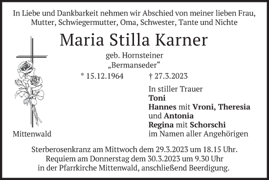 Todesanzeige von Maria Stilla Karner von merkurtz