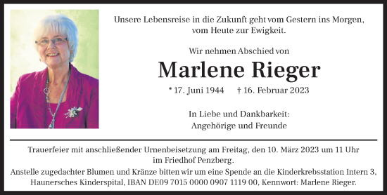 Todesanzeige von Marlene Rieger von Das Gelbe Blatt Penzberg