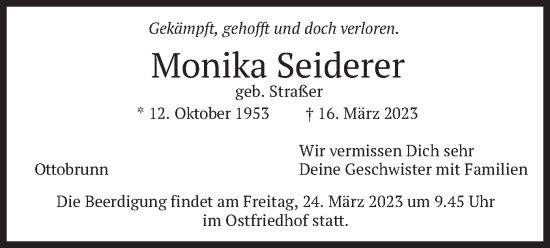 Todesanzeige von Monika Seiderer von merkurtz