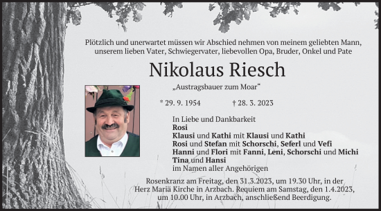 Todesanzeige von Nikolaus Riesch von merkurtz