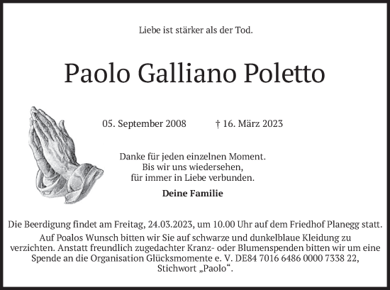 Todesanzeige von Paolo Galliano Poletto von merkurtz