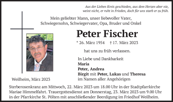 Todesanzeige von Peter Fischer von merkurtz
