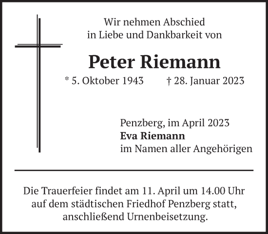 Todesanzeige von Peter Riemann von Das Gelbe Blatt Penzberg