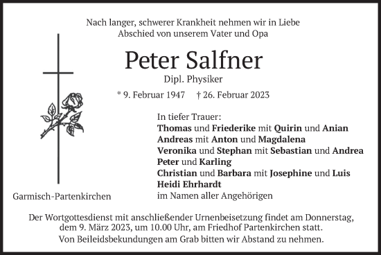 Todesanzeige von Peter Salfner von merkurtz