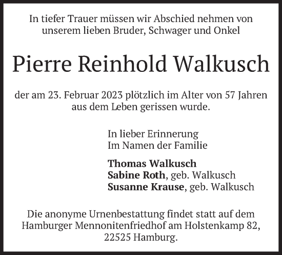 Todesanzeige von Pierre Reinhold Walkusch von merkurtz