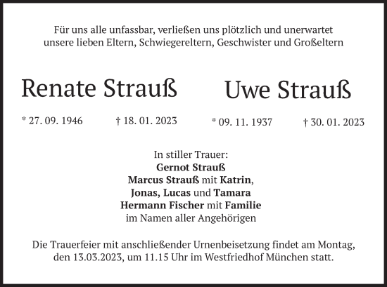 Todesanzeige von Renate und Uwe Strauß von merkurtz