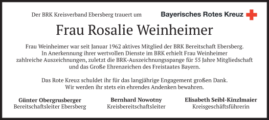 Todesanzeige von Rosalie Weinheimer von merkurtz