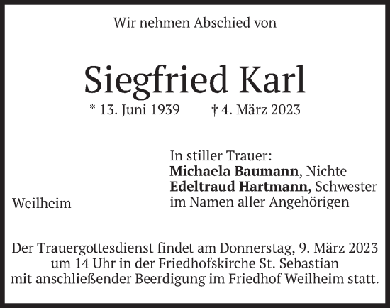 Todesanzeige von Siegfried Karl von merkurtz