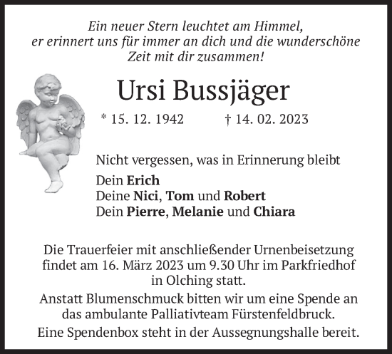 Todesanzeige von Ursi Bussjäger von merkurtz