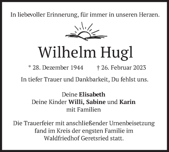 Todesanzeige von Wilhelm Hugl von merkurtz