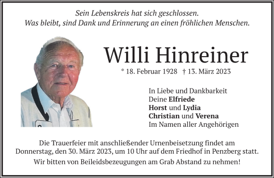 Todesanzeige von Willi Hinreiner von Das Gelbe Blatt Penzberg