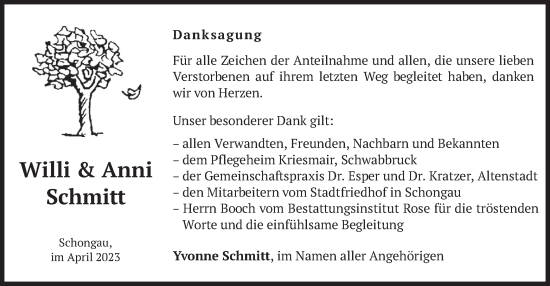 Todesanzeige von Willi und Anni Schmitt von merkurtz