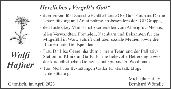 Todesanzeige von Wolfi Hafner von merkurtz