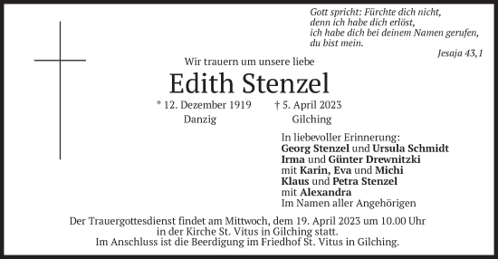 Todesanzeige von Edith Stenzel von merkurtz