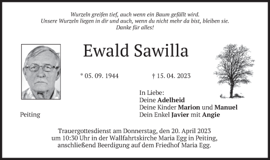 Todesanzeige von Ewald Sauvilla von merkurtz