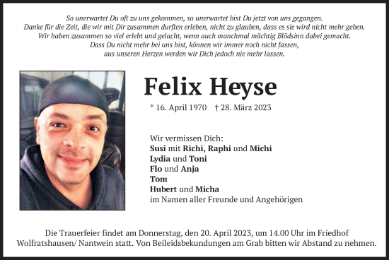 Todesanzeige von Felix Heyse von merkurtz