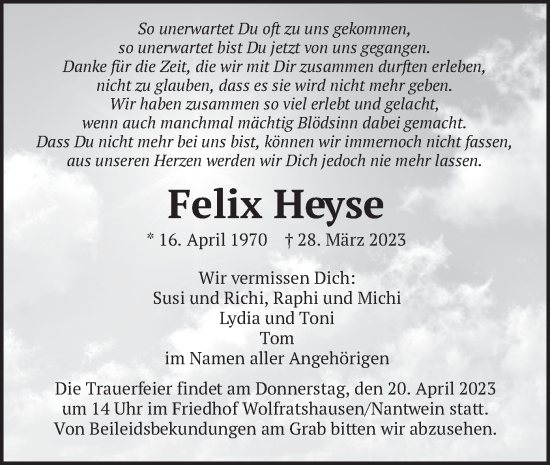 Todesanzeige von Felix Heyse von merkurtz