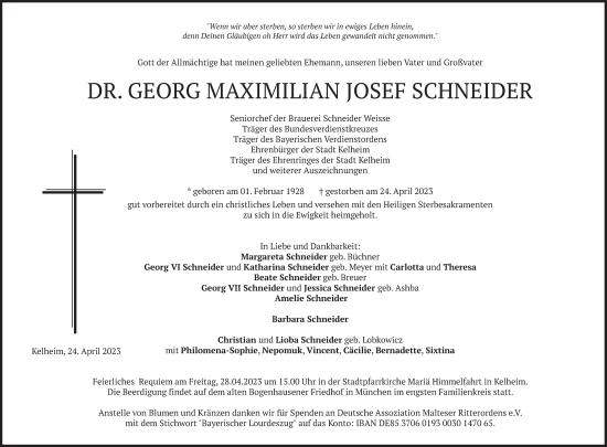Todesanzeige von Georg Maximilian Josef Schneider von merkurtz