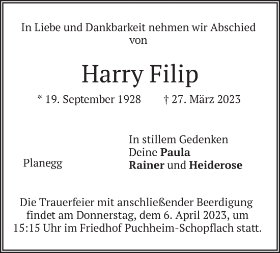 Todesanzeige von Harry Filip von merkurtz
