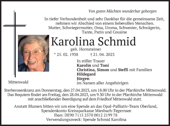 Todesanzeige von Karolina Schmid von merkurtz