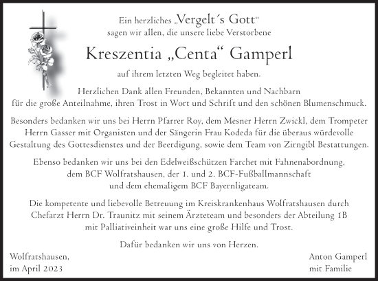 Todesanzeige von Kreszentia Gamperl von merkurtz