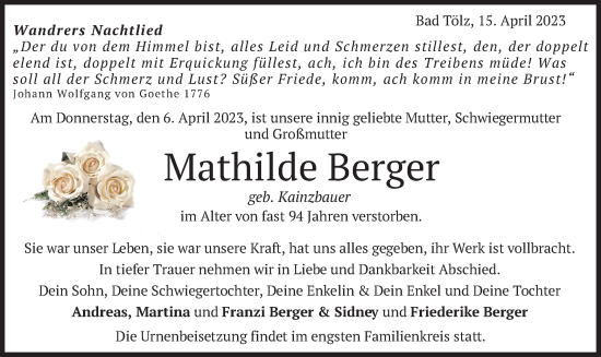 Todesanzeige von Mathilde Berger von merkurtz