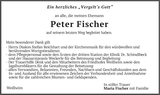 Todesanzeige von Peter Fischer von merkurtz