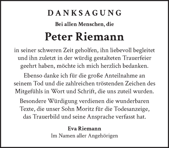 Todesanzeige von Peter Riemann von Das Gelbe Blatt Penzberg