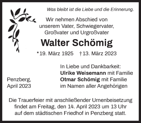 Todesanzeige von Walter Schömig von Das Gelbe Blatt Penzberg