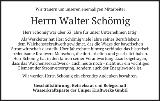 Todesanzeige von Walter Schömig von merkurtz