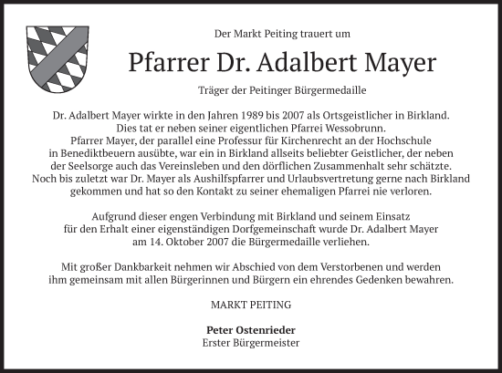 Todesanzeige von Adalbert Mayer von merkurtz