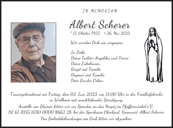 Todesanzeige von Albert Scherer von merkurtz