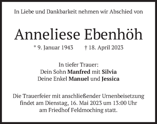 Todesanzeige von Anneliese Ebenhöh von merkurtz