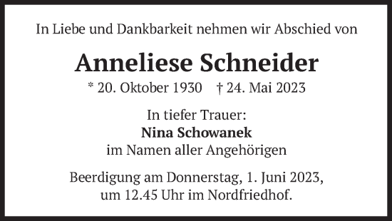 Todesanzeige von Anneliese Schneider von merkurtz