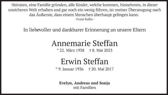 Todesanzeige von Annemarie und Erwin Steffan von merkurtz