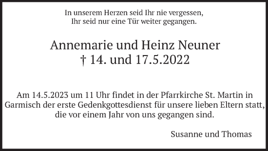 Todesanzeige von Annemarie und Heinz Neuner von merkurtz